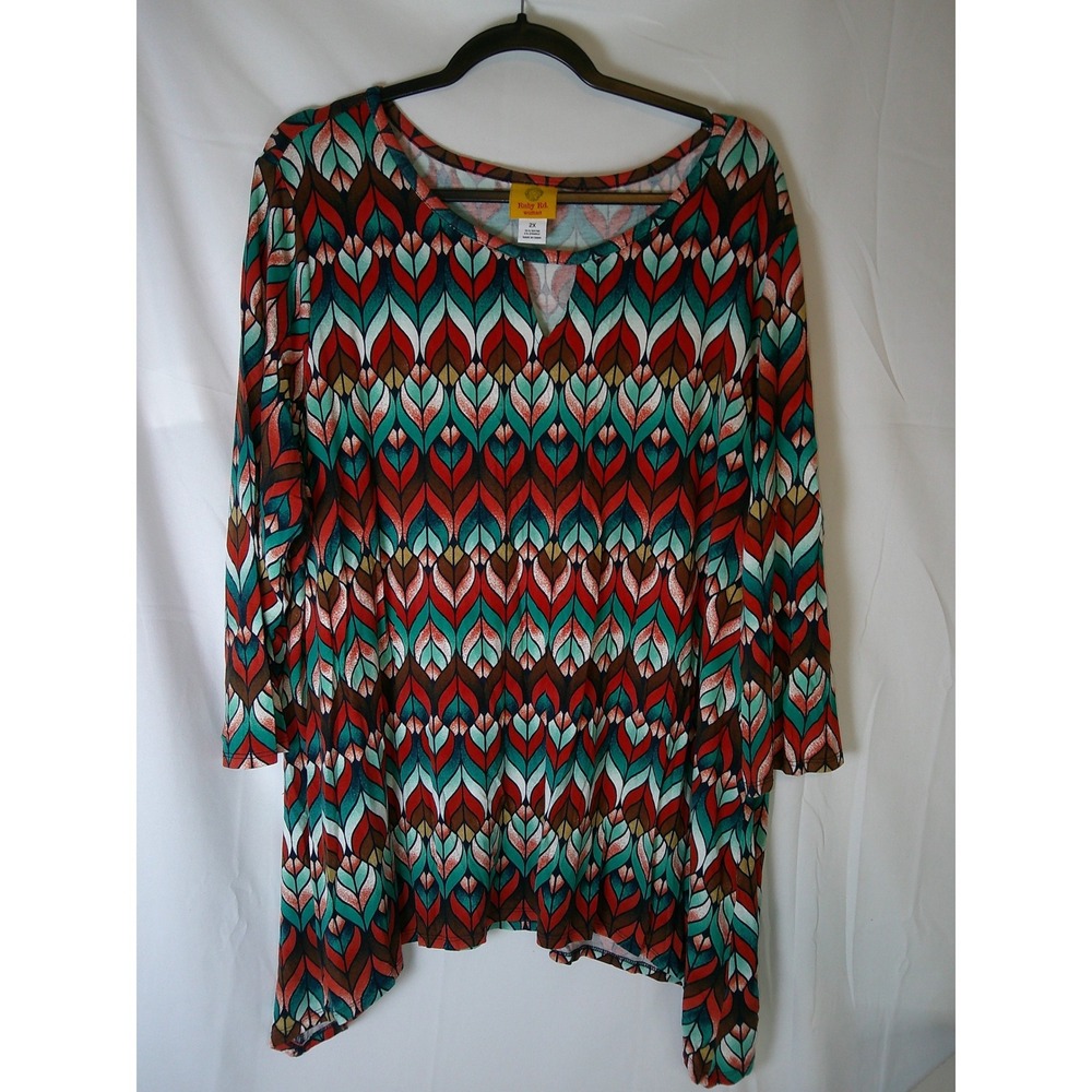 Ruby Rd Woman 2X Tunic Top Teal Rust Geometric Leaf Print 3/4 Sleeve